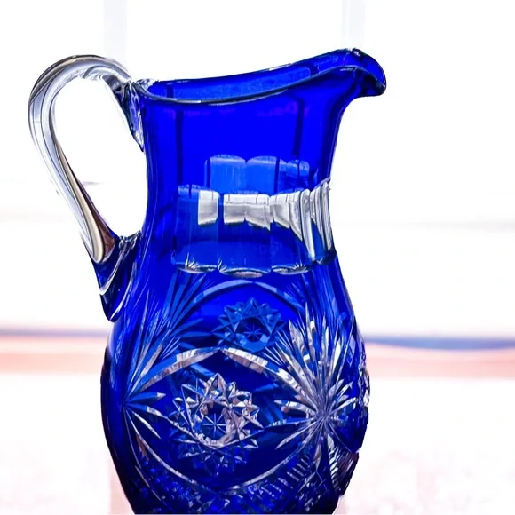 Bohemian Cobalt Blue Cut Crystal Pitcher | Hand Cut Czech Lead Crystal Barware - Picture 11 of 15